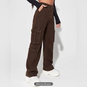 SHEIN EZwear High Waisted Flap Pocket Cargo Jeans Mocha brown color